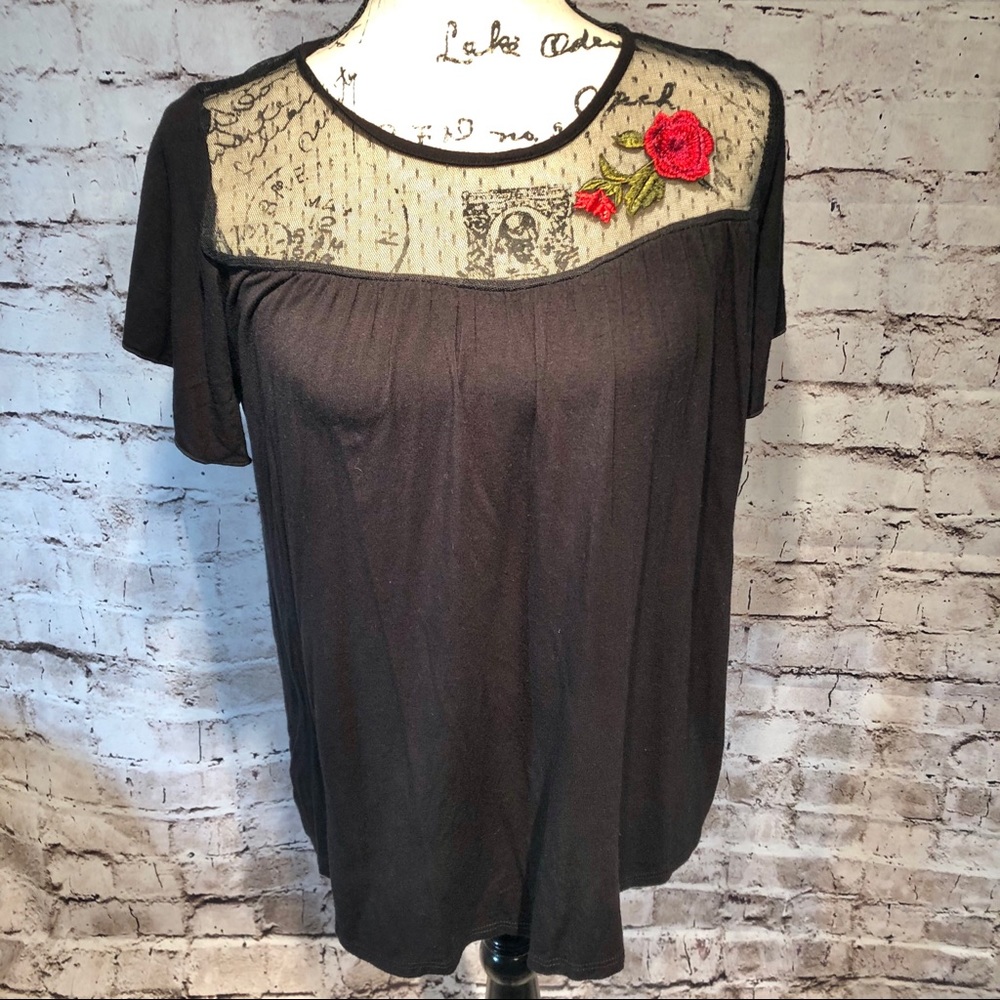 Black Tunic Blouse with Sheer Mesh Neckline Size M